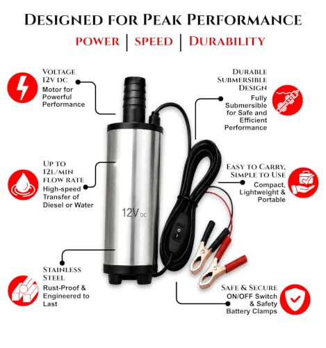 Image of ROBOWAY DC 12V Electric Submersible Water Pump, Stainless Steel Portable Diesel Fuel Transfer Pump with Battery Clips & 2.5M Cable for Water, Diesel & Kerosene, (Pack of 1)