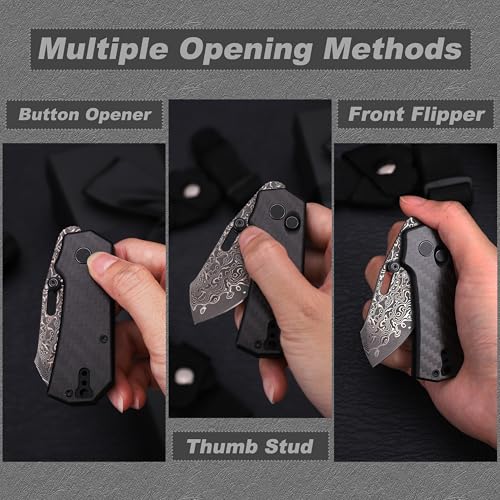 Image of JIN Rhino Small Pocket Knife for Men, Button Lock EDC, DIY Folding Knife Kit, 2 inch Damascus Stonewash Blade, Carbon Fiber Overlay Handle