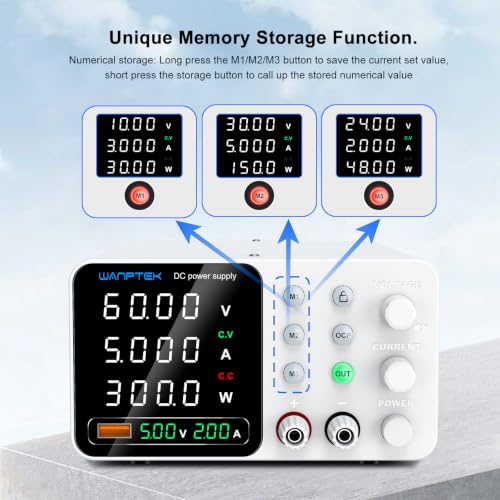 Image of WANPTEK DC Power Supply Variable 0-60V 0-5A, Adjustable Switching Regulated Bench Power Supply with Memory Preset, Lock Key, OCP Protection, USB Fast Charging for Laboratory /Electronic Repair