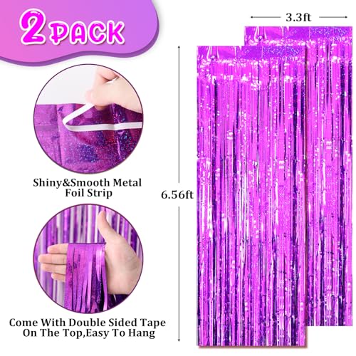 Image of Voircoloria 2 Pack Purple Tinsel Foil Fringe Curtains, Purple Party Decorations, Metallic Tinsel Party Streamers Backdrop for Halloween Mermaid Bachelorette Graduation Party Decorations