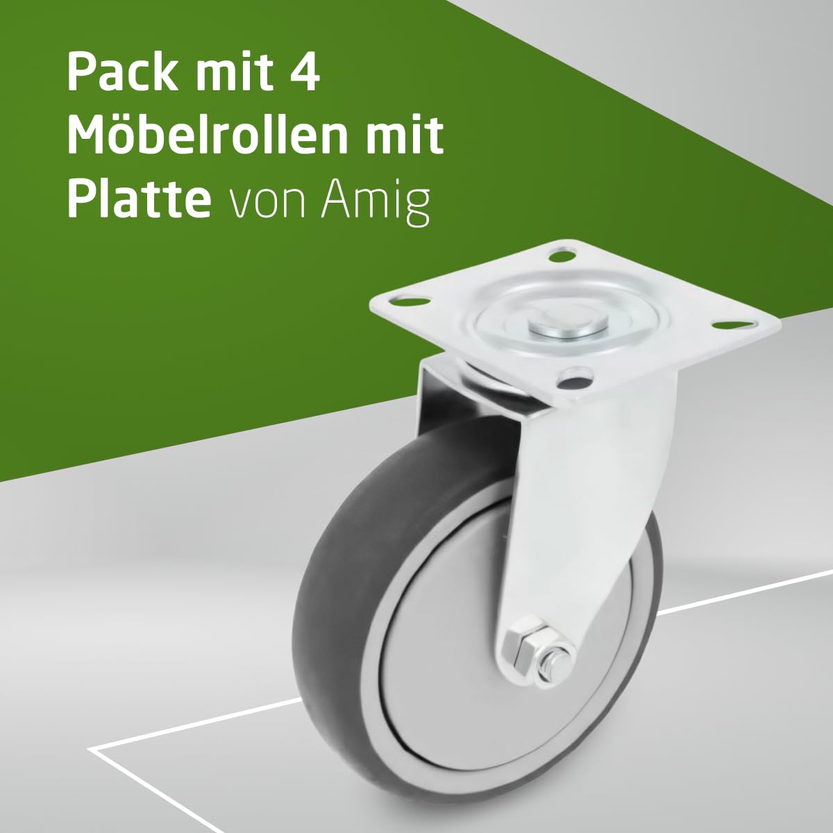 Amig - Set mit 4 Möbelrollen | Ø 100 mm | Drehbare Rollen mit Montageplatte | Maximale Belastung 110 kg | Zum Bewegen schwerer Möbel | Rollenlager | Kunststoffkern | Graues Gummi