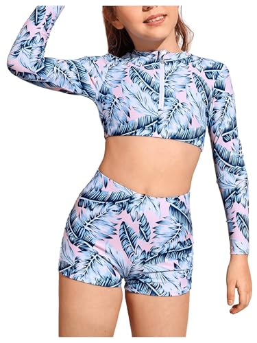 Image of SHENHE Girl's 2 Piece Tropical Print High Waisted Long Sleeve Bikini Swimsuit Bathing Suit Multicolor 9Y