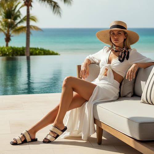 Image of Mtzyoa Women Flat Sandals Raffia Braided Summer Straw Dressy Casual Vacation Bohemian Cute Beach Comfy Slip On Slides