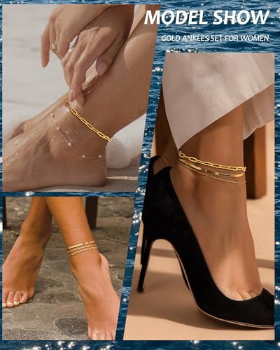 Image of ZHESHY Gold Silver Ankle Bracelets for Women 14K Gold Plated Anklets for Women Waterproof Cuban Link Heart Chain Anklets Set Non Tarnish Dainty Layered Anklet Bracelets for Women Summer Beach Jewelry
