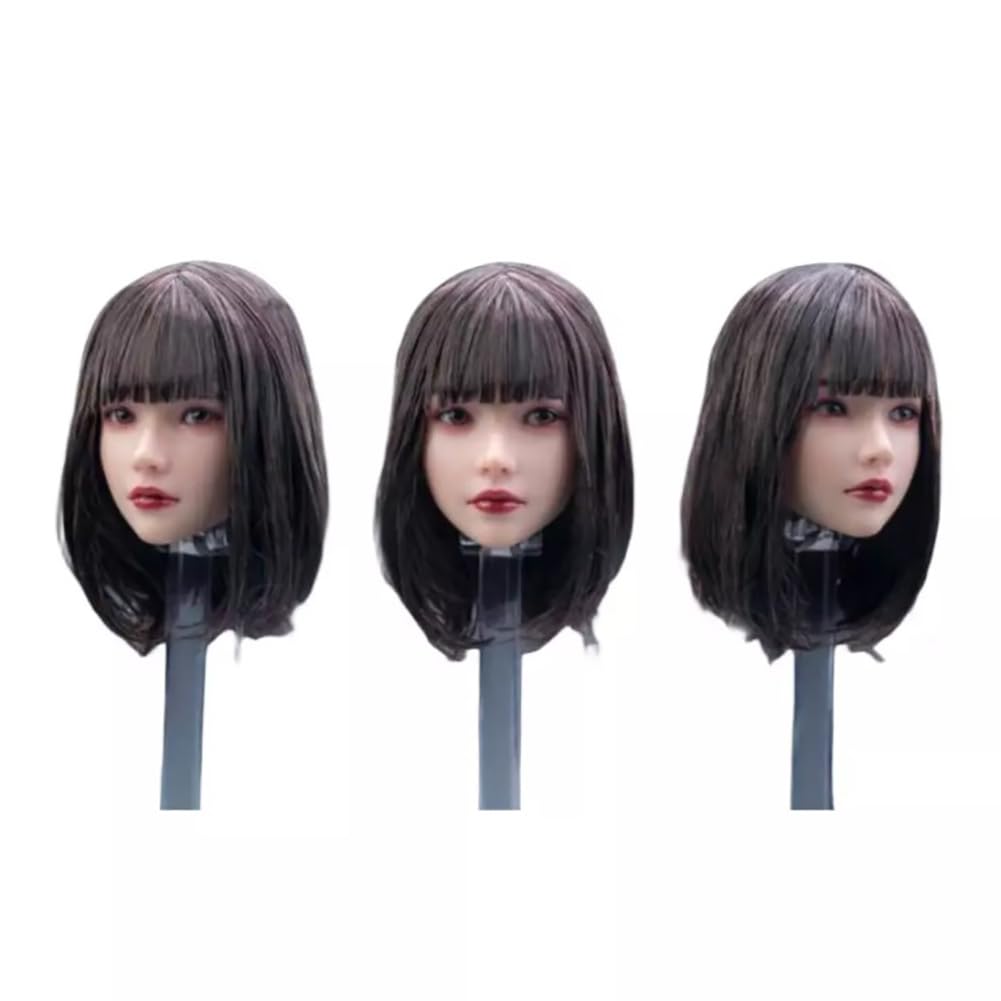 1/6 Scale Planted Hair Female Head Sculpt Cute Young Girl Brown Shoulder Length Hair Straight Bang Head for 12inch Phicen, TBLeague Action Figure