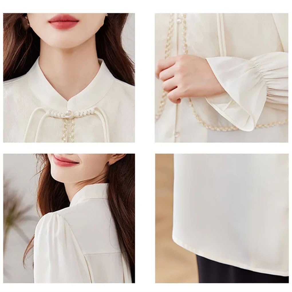Camicetta da donna a maniche lunghe con colletto rialzato, in chiffon, con bottoni