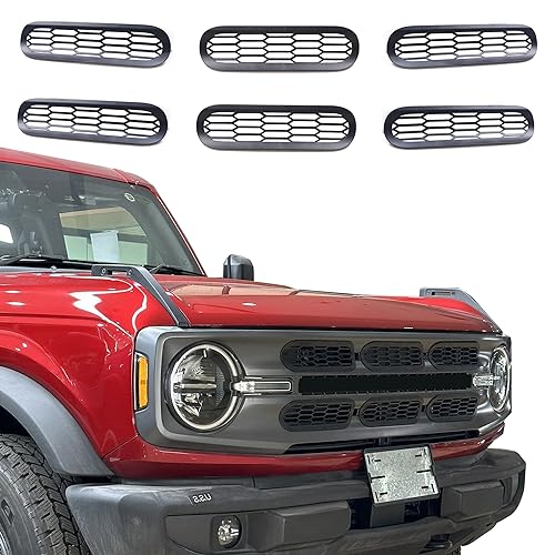 Image of Front Grill Inserts Cover Trims Mesh Grille Frame Kit Compatible with 2021 2022 2023 2024 2025 New Ford Bronco 2 /4 Door Exterior Decoration Accessories Protection Decor Decal, 6Pcs Black