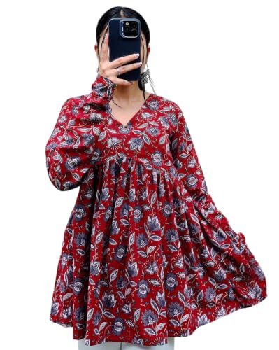 Image of Women's V Neck Anarkali Short Kurti for Women Full Sleeve Floral Print |Stylish Kurtis & Short Kurtis for Woman | Casual Kurti with Jeans | Kurtas for Woman