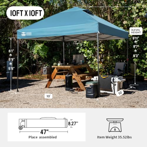 Image of CROWN SHADES 10x10 Pop Up Canopy Tent - Patented Center Lock One Push Instant Outdoor Canopy Beach Tent with STO-N-Go Bag 8 Stakes & 4 Sand Bags,Cyan Blue