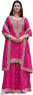 CARTYSHOP Womens Beautiful Chinnon Silk Kurta Sharara with Embroidery and Sequins Work with Border Cut Works Price In India