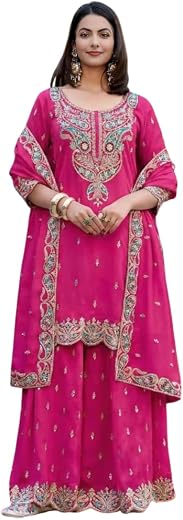 CARTYSHOP Womens Beautiful Chinnon Silk Kurta Sharara with Embroidery and Sequins Work with Border Cut Works