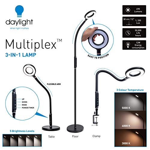 Daylight Multiplex 3-in-1 Lamp: Versatile Lighting for Living Room, Bedroom, Office - 5 Brightness, 3 Colors - Reading, Study, Nail Care - 12W, Black - Image 3