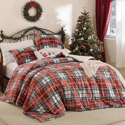 Lanqinglv Weihnachts Bettwäsche 135x200 Biber Flauschige Flanell Winter Bettwäsche mit Rot Kariert Muster,Gitter Bettbezug und 1 Kissenbezug 80x80 cm,mit Reißverschluss