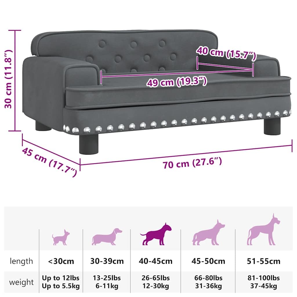 vidaXL Lit pour Chien, Canapé pour Animaux de Compagnie avec Cadre en Bois, Panier pour Chiots Maison Intérieur, Gris Foncé 70x45x30 cm Velours