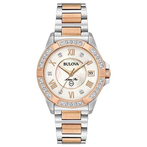 Bulova Ladies' Marine Star Diamond Two-Tone Rose Gold Stainless Steel 3-Hand Quartz Watch, White Mother-of-Pearl Dial Style: 98R234