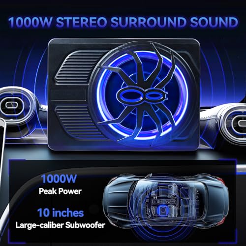 Image of Andeman 1000W Smart Car Subwoofer with Wireless Remote Control - 10 inch Slim Under Seat Powered Bass, Blue LED Sync Light, Built-in Amp & Hi /Lo Input for Car /Truck /SUV /Jeep /MPV