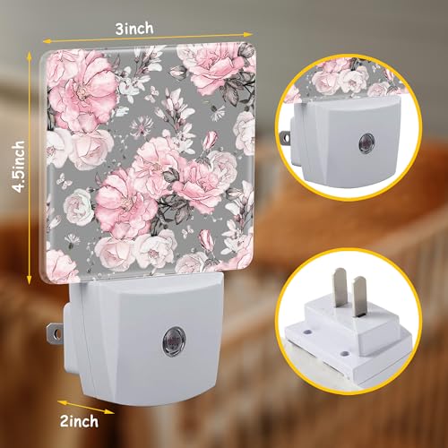 Image of Night Light Plug Wall,Pink Flowers and Grey Leaves LED Night Lights with Dusk to Dawn Light Sensor for Women Girls Boys Room Decor,Hallway,Kitchen,Bathroom,Nursery,Stairs