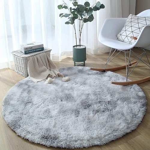 Calore Fluffy Round Area Rug for Living Room, Round Rugs for Kids Room Baby Nursery, Christmas Carpet for Dorm Teen’s Room-Home Decor Shaggy Plush Throw Rug (Grey White, 140cm(4.59′))