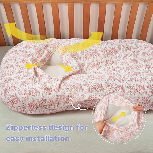 Image of FUNUPUP Muslin Baby Lounger Cover Only, Pink & Pink Leaves | 100% Muslin Cotton Soft Breathable Easy On /Off Envelope Closure Machine Washable Easy-Clean Protector Neutral Colors