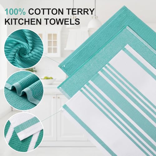 Image of Homaxy Premium Kitchen Towels(18 inchx 28 inch, 3 Pack), Large Cotton 380 GSM Kitchen Hand Towels, Soft and Absorbent Terry Dish Towels, Multipurpose Tea Towel Set with Hanging Loop, Teal