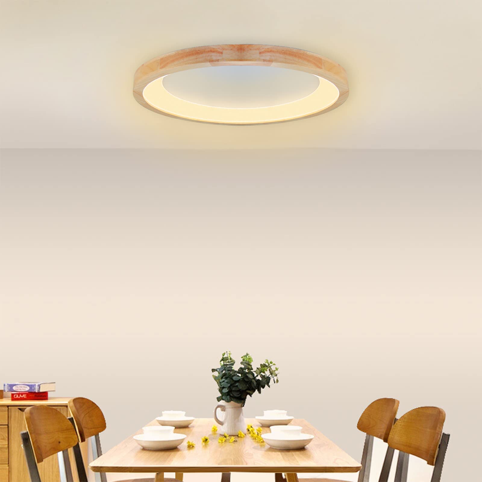 VOMI LED Lámpara de Techo de Madera con Mando a Distancia, 50cm Redonda Plafón LED Regulable 36W Modernos Lampara Infantiles Iluminación de Techo Interior Sala Dormitorio Cocina Comedor Pasillo