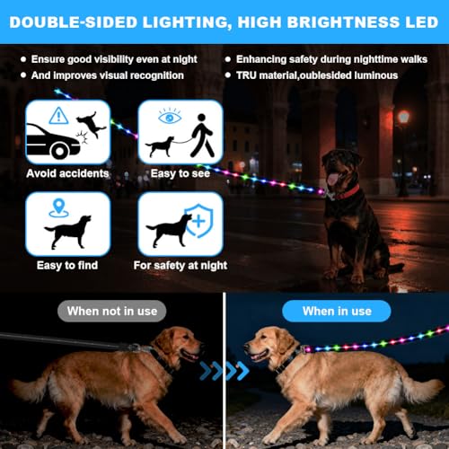 AUAUY 1,2 m (4 FT) LED Hundeleine, Beleuchtete Hundeleine über USB Wiederaufladbar, 12 Beleuchtungsmodi Reflektierend Leine Hund mit Gepolstertem Griff für Mittelgroße und Große Haustiere（Schwarz）