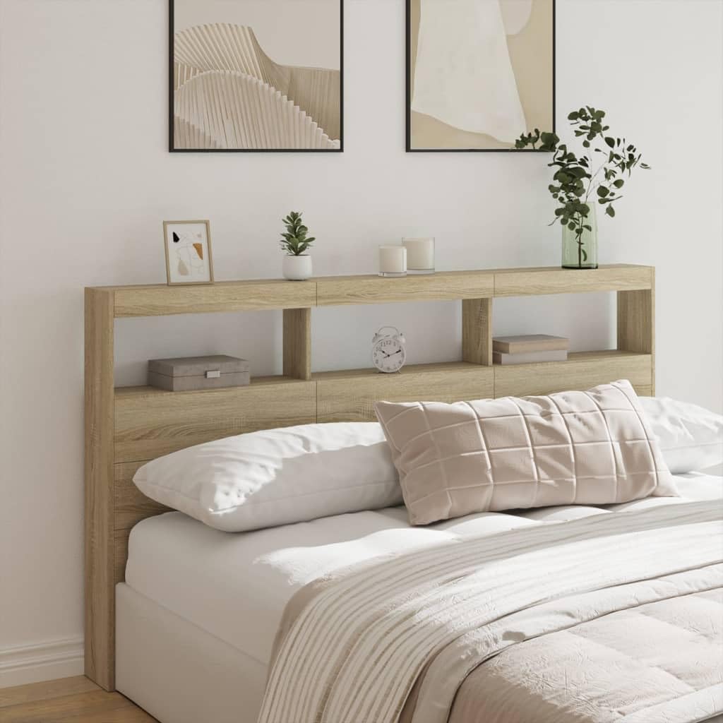 Gecheer Cabecero para cama con almacenamiento con luz LED, moderno, roble sonoma, 180 x 17 x 102 cm, PLC887