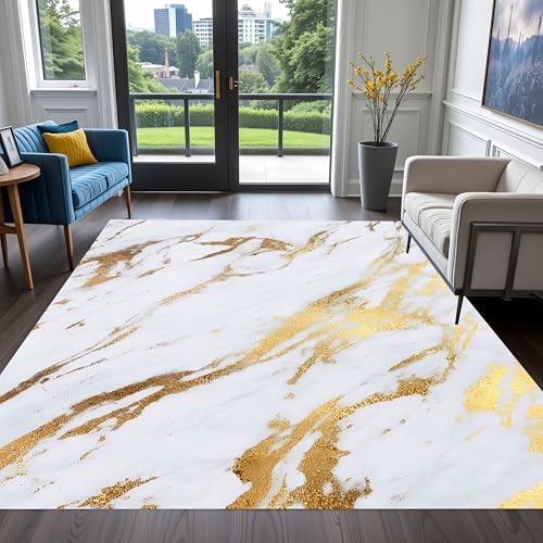 Gold White Boho Marble Abstract Rug