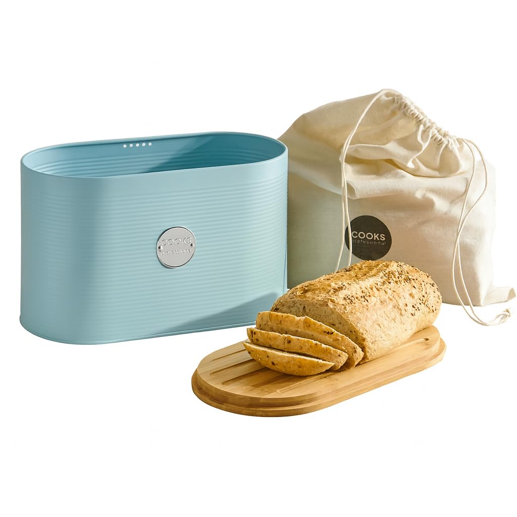 Cooks Professional Bread Bin - Ribbed - Bamboo Lid - Blue/Silver
