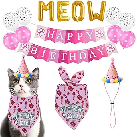 TCBOYING Cat Birthday Bandana, Cat Birthday Girl Hat Scarfs Flag Balloon with Cute Doggie Birthday Party Supplies Decorations Cover