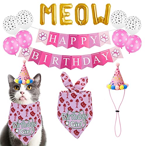 TCBOYING Cat Birthday Bandana Cat Birthday Girl Hat Scarfs Flag Balloon with Cute Doggie Birthday Party Supplies Decorations, M