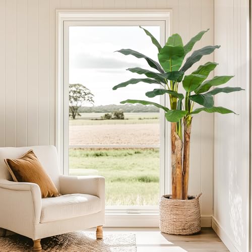 GarveeHome Artificial Banana Tree, 6FT Faux Banana Tree with Grey Planter, Artificial Plants with 21 Faux Banana Leaves Plant for Home Office Decor