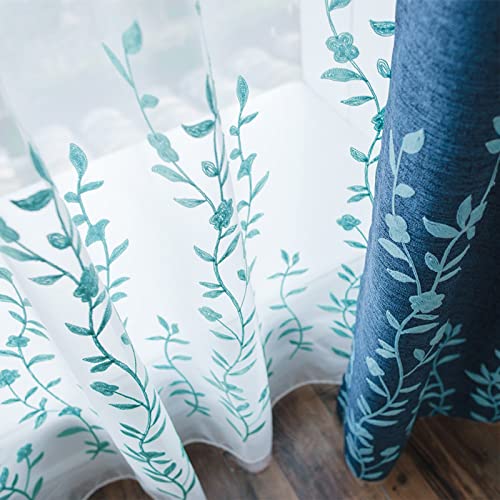 Melodieux Voilage brodé de Fleurs pour Salon, Style Ferme, avec Passe-Tringle, Blanc/Bleu, 132,1 x 243,8 cm (1 Panneau)