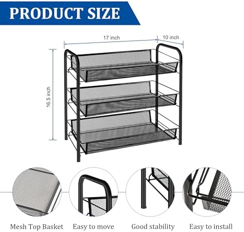 CVHOMEDECO. 3 Tier Fruit Basket Large Capacity Rectangular Metal Fruit Bowl Detachable Metal Fruit Stands Organizer for Kitchen Counter, Bread, Vegetable, Snack and Fruits. Black