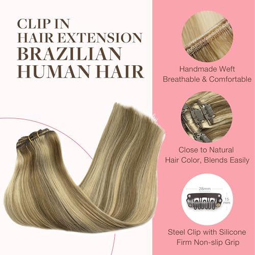 Image of GOO GOO Clip in Hair Extensions Real Human Hair, Remy Human Hair Extensions Clip ins for Women, Natural Human Hair, 22inch 120g 7Pcs, 8A /22 Medium Brown Highlighted Golden Blonde