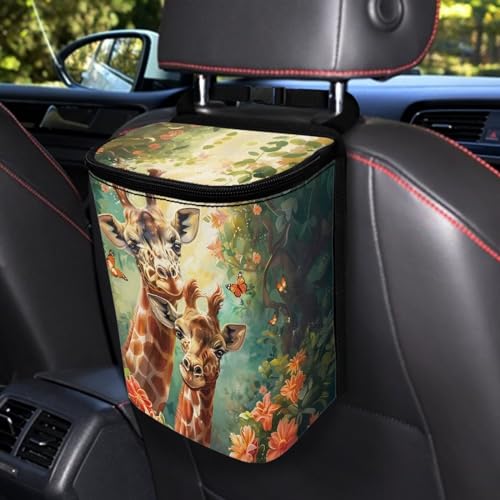 Image of Talayituse Giraffe Butterfly Flower Print Car Trash Can with Adjustable Straps, Foldable Car Trash Bag Bin Car Garbage Bag Multipurpose Storage Box for Vehicle Travel Camping Picnicing
