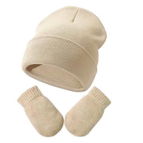 Image of Baby Beanie Hat Gloves Set, Kids Winter Warm Knit Hat with glvoes,Toddler Soft Beanie for Little Boys Little Girls Children