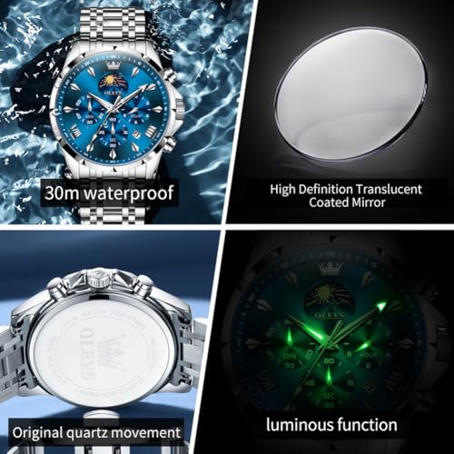 Image of OLEVS Watches for Men Analog Quartz Original Branded Mens Watch Chronograph Stainless Steel Chain 3ATM Waterproof Wrist Watch for Men