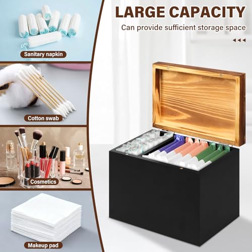 harupink Binden Aufbewahrung Badezimmer, Box Slipeinlagen Holz mit Deckel und 2 Fächer, Natürliche Glatt Gratfrei, Badezimmer Hygiene Box Aufbewahrungsbox Hygieneartikel groß(Schwarz)