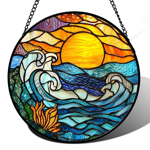 JOSUMALY Stained Glass Window Hanging, Orange Sun Blue Sea Waves Landscape Suncatcher for Doors Window Home Sun Catchers Decor Mother's Day Birthday Gifts for Women, Men Mom 6.3 in