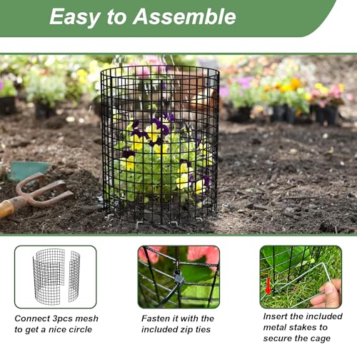 6 Pack Plant Protector from Animals, 13.5\" Dia x 14\" H Wire Plant Protectors, 18pcs Pre-Bent Metal Mesh to Keep Animals Out with Zip Ties & Stakes (6 Packs)