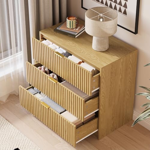 Image of MAISONARIA Fluted Dresser for Bedroom, 32 Inch Wide Nightstand with Large Drawer, 3 Drawer End Table for Bedroom, Living Rooms, Offices, and Entryways, Natural