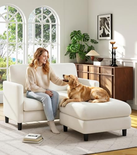 Image of Welzona Loveseat Sofa with Ottoman, 51 inch Small L Shaped Teddy Couch Sofa