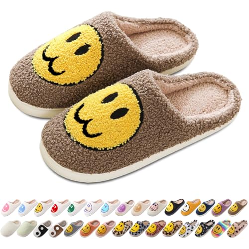 Image of AIMINUO Women's Men's Preppy Happy Face Slippers Comfy Warm Plush Slip-On House Slipper for Winter Indoor Soft Cushion Non-slip Fluffy Slides Slippers