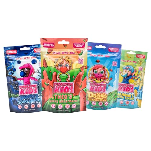Image of Bubblegum Kids Variety Pack Sugar Free Gum | Sugarless Gum with Xylitol | Vegan, Low Calorie Candy for Kids & Adults | 4 Flavors: Watermelon, Banana, Berry & Strawberry | 55 Pieces Per Pack, 4 Pack