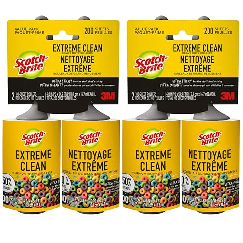 Image of Scotch-Brite Extreme Clean Lint Roller, 50% Stickier, Heavy Duty Pet Hair and Debris Remover, 4 in x 54.9 ft Each, 4 Pack, 400 Easy Tear Sheets Total