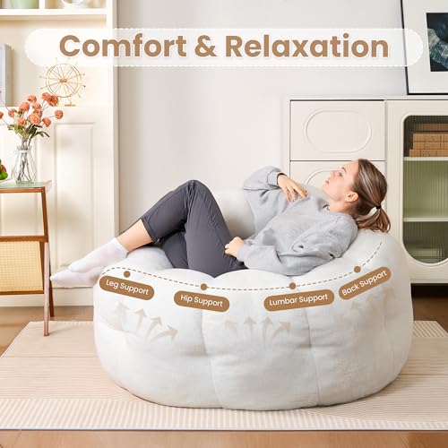 Image of Flower Bean Bag Chair for Teens and Young Adults, Soft Faux Fur Floor Seating with Memory Foam, Aesthetic Room Decor Cozy Lounger for College Dorm, White