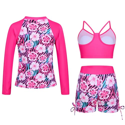 Image of Funnycokid Girls Swimsuit 3 Pieces Long Sleeve Rash Guard Zip Bathing Suits Teens Boyshort 3-14 Years