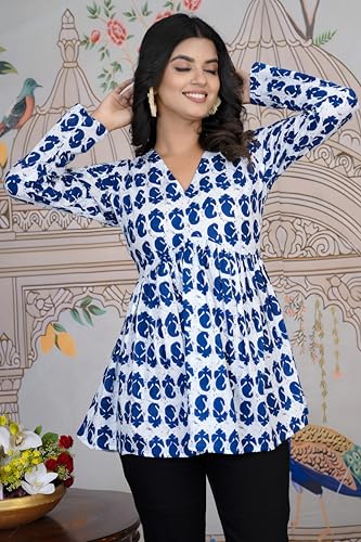 Image of LABEL ADRIJA Women's Cotton Floral Relaxed Short Kurti (ASK-0003-L-W White