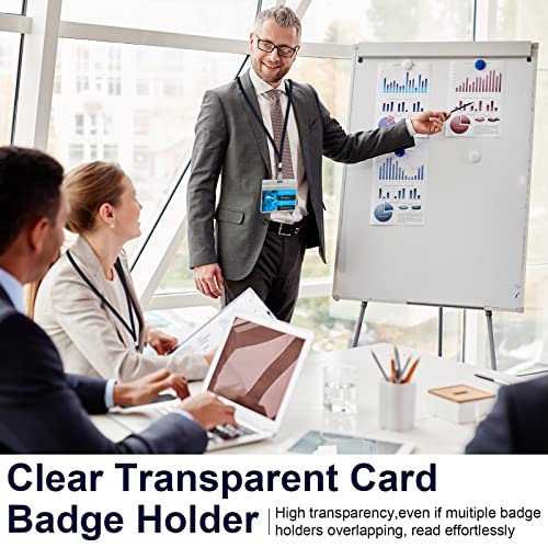 Image of Marspark 100 Sets Clear Name Tags with Lanyard, Lanyards for ID Badges Reusable Strap with ID Holder Plastic Name Badges for Adults Business School Church Conference (Dark Blue)
